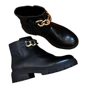 INC International Concepts Black Combat Ankle Boots Size 7M Gold Braid Bikercore
